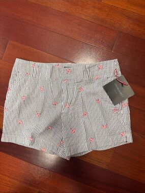 Cynthia Rowley Blue/White Striped High-Waist Shorts with Coral Embroidery